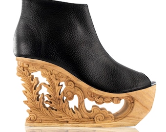 Feather 2 - Hand Carved Wood Platform Wedge Heel