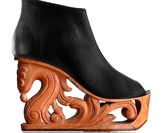 Horse - Hand Carved Wood Platform Wedge Heel
