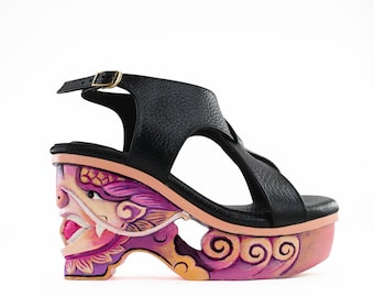 Dragon Pink Purple - Handcarved Handpainted Wood Platform Wedge Heel