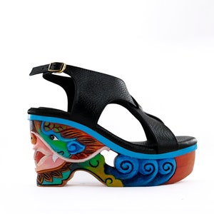 Dragon Blue Handcarved Handpainted Wood Platform Wedge Heel image 3