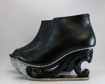 Wave-Vietnam traditional lacquer - Hand Carved Wood Platform Wedge Heel