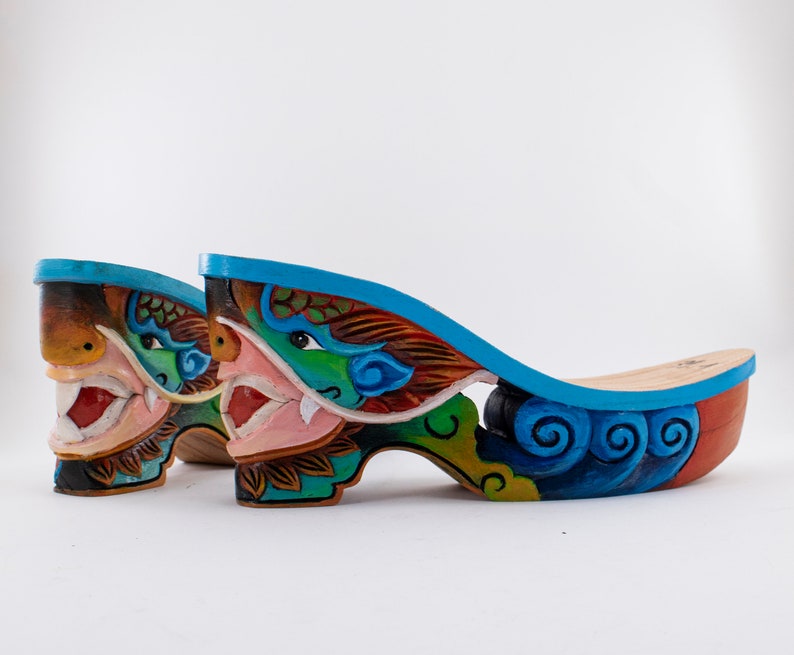 Dragon Blue Handcarved Handpainted Wood Platform Wedge Heel image 8