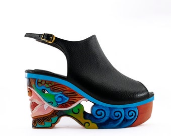 Dragon Blue - Handcarved Handpainted Wood Platform Wedge Heel