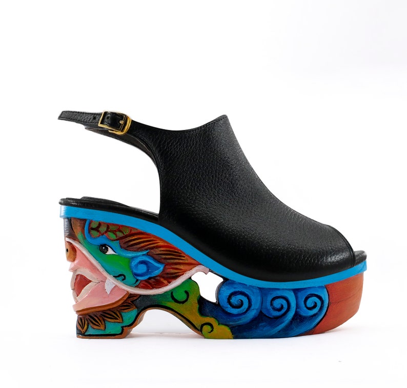 Dragon Blue Handcarved Handpainted Wood Platform Wedge Heel image 1