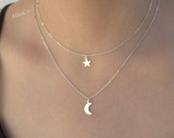 Mond und Stern, Sterling Silber Halbmond und Stern, kleiner Goldmond, Goldstern, Layering Halskette, rosa Mond