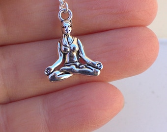 Silver Buddha Necklace,  Meditation, Mantra Necklace, Yoga  Posture, Buddhism, Chanda Yoga Pose, Flower, Balance,Spiritual Necklace