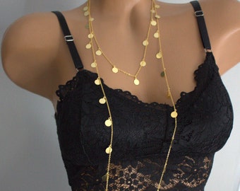 Long collier pièce de monnaie, disque en or, collier extra long, collier gitane, collier à pois, superposition d'or, collier Fatima, cadeau bohème, cadeau pour elle