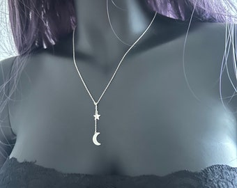 Silver Moon and Star, Lariat Necklace, Dangle Sterling silver Crescent and Star, Dancing stars