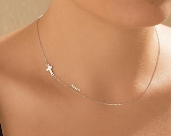 925 Sideways Cross Necklace- Silver Christian Sembol, Tiny Cross Necklace - Sterling Silver Cross