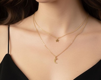 Tiny Gold Moon and Star, silver Crescent and Star,  Sky edition, Layering Necklace,