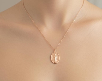 Virgin Mary Necklace, Gold Medallion  Miraculous  Pendant, Christian Cross,