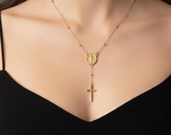 Virgin Mary Necklace, Gold Medallion  Miraculous  Pendant, Christian Cross,