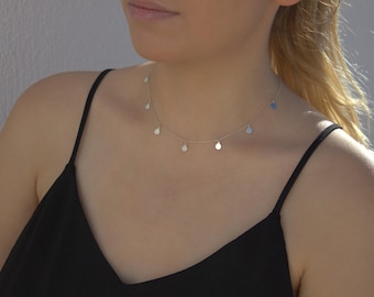 Delicate Silver Disc Choker Necklace with Dangling Charms - Minimalist Boho Jewelry