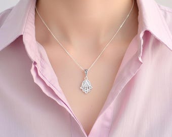 Sterling Silver Hamsa Hand Necklace Hand of Fatima Pendant, Danty Evil Eye Protection Jewelry