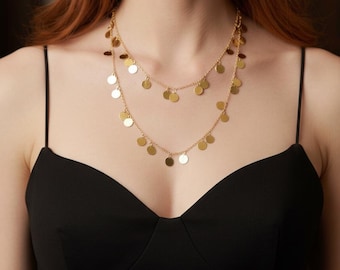 Double Layer Gold Disc Necklace, Dainty Coin Drop Choker, Boho Multi-Strand Sequin, Minimalist Layered Jewelry, Gift for Her