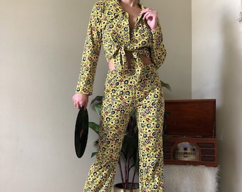 Vintage 60s Floral Tulip Outfit: Yellow Blazer & Bell Bottoms (S/M)