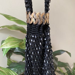 Vintage Handbag, Black Cocktail Purse, Walborg Beaded Woven Pouch, Clutch Flapper 1920s, Made in Hong Kong Black Sac image 1