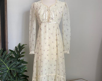 70s Gunne Sax Maxi Dress: Floral Prairie Boho, Faux Pearl Trim