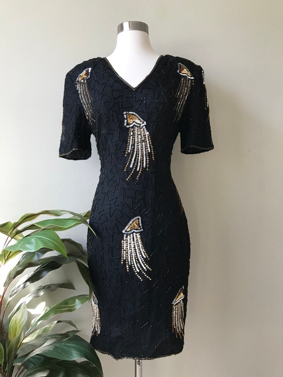 Black Deco Beaded Dress Formal Cocktail Silk Sheat