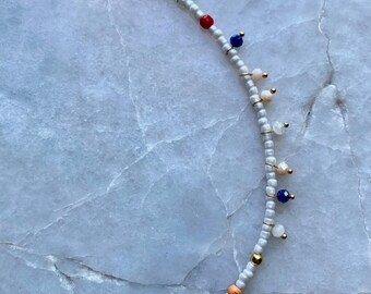 White Necklace, Sparkly Charms, White Beaded, Multi Colored, Summer Jewelry