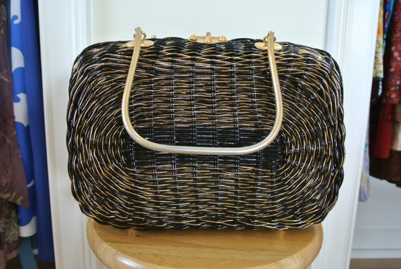 1950s Basket Wicker Purse Black Lacquered with Gol