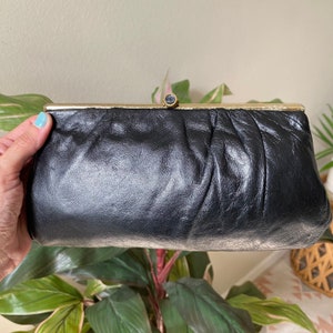 Vintage Handbag,1980s Black Leather Clutch Glam Rock Formal Cocktail Handbag