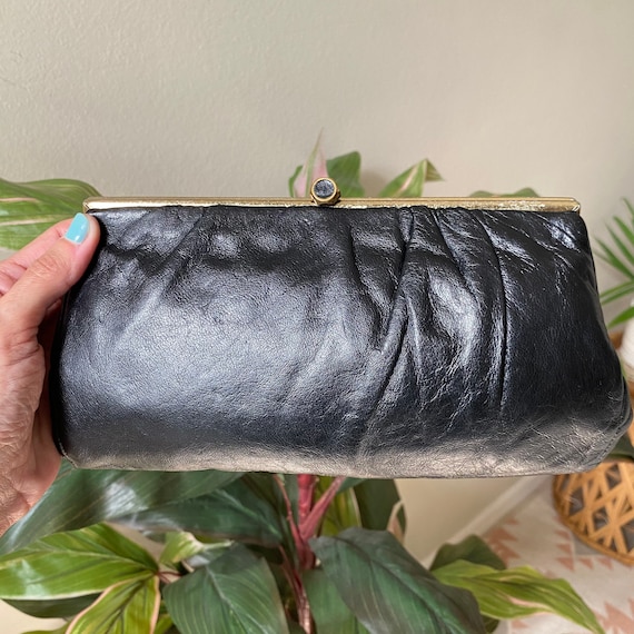 Vintage Handbag,1980s Black Leather Clutch Glam R… - image 1