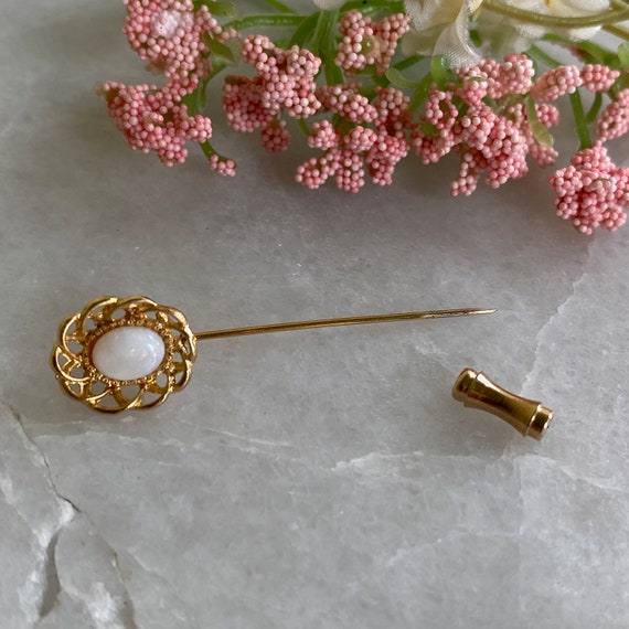 Gold Hat Pin, Gold Opal Brooch, Scarf Pin, Faux O… - image 2