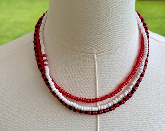 Red Black White Theme Beaded Necklace Set, Beaded Necklace Set, Stacking Necklaces, Beaded Necklaces. Gift Set