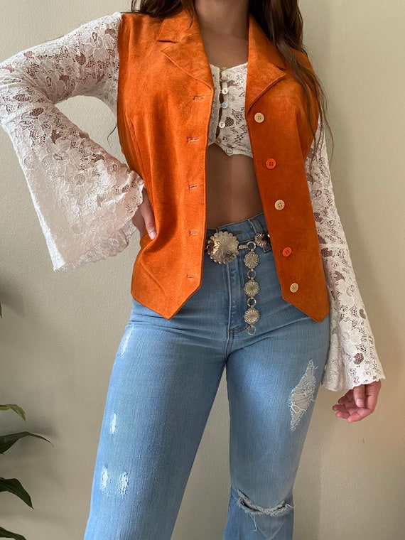 Vintage Blouse,70s Hippie Vest Vintage Orange Rus… - image 9