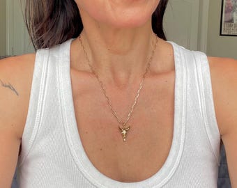 Cow Skull Pendant Necklace Oblong Chainlink Gold Tone