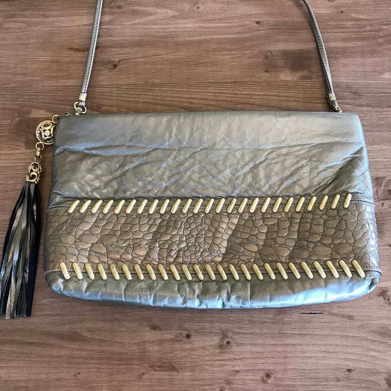 Vintage Handbag.CLEARANCE SALEClearance SaleBronze Metallic Leather Clutch with Tassel Zipper Pull Cross Body