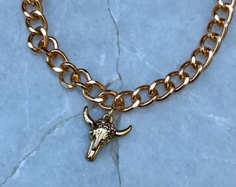 Cow skull bracelet, Western Bracelet, Gold tone Chain Bracelet, Skull Bracelet, Desert Theme Bracelet