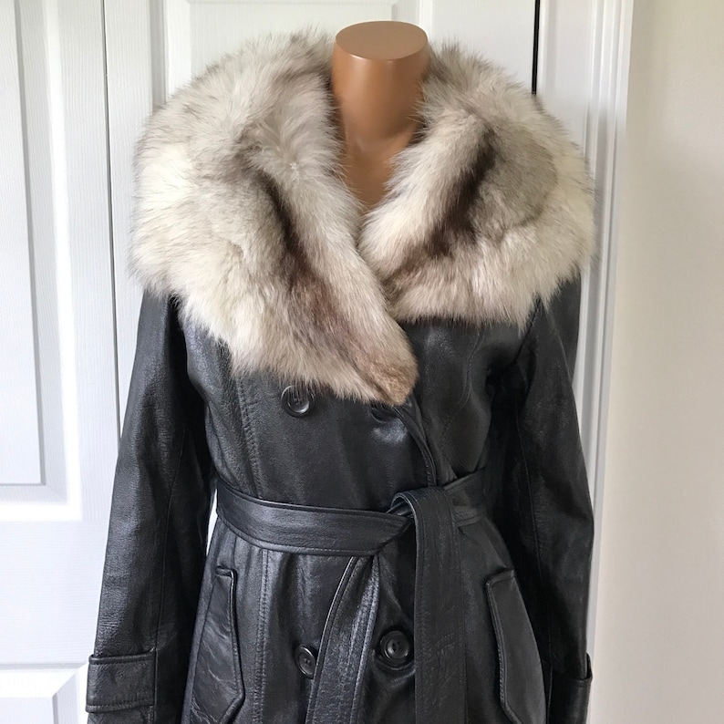 1970s Leather and Fur Coat Jacket Pea Coat Double Breasted Black Supple Leather