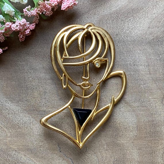 Vintage JJ Face Brooch: Gold Tone Rhinestone Statement Brooch
