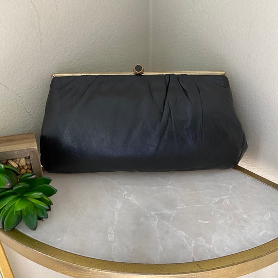 Vintage Handbag,1980s Black Leather Clutch Glam R… - image 2