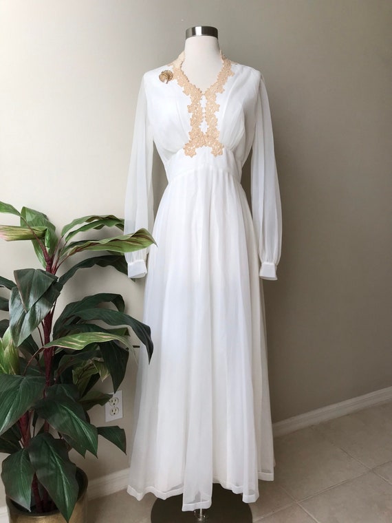 Vintage Dress,1940s White Chiffon Maxi Dress Bridal Wedding Parisian Chic Size S,M
