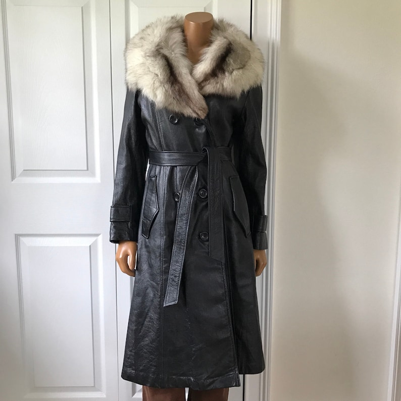 1970s Leather and Fur Coat Jacket Pea Coat Double Breasted Black Supple Leather