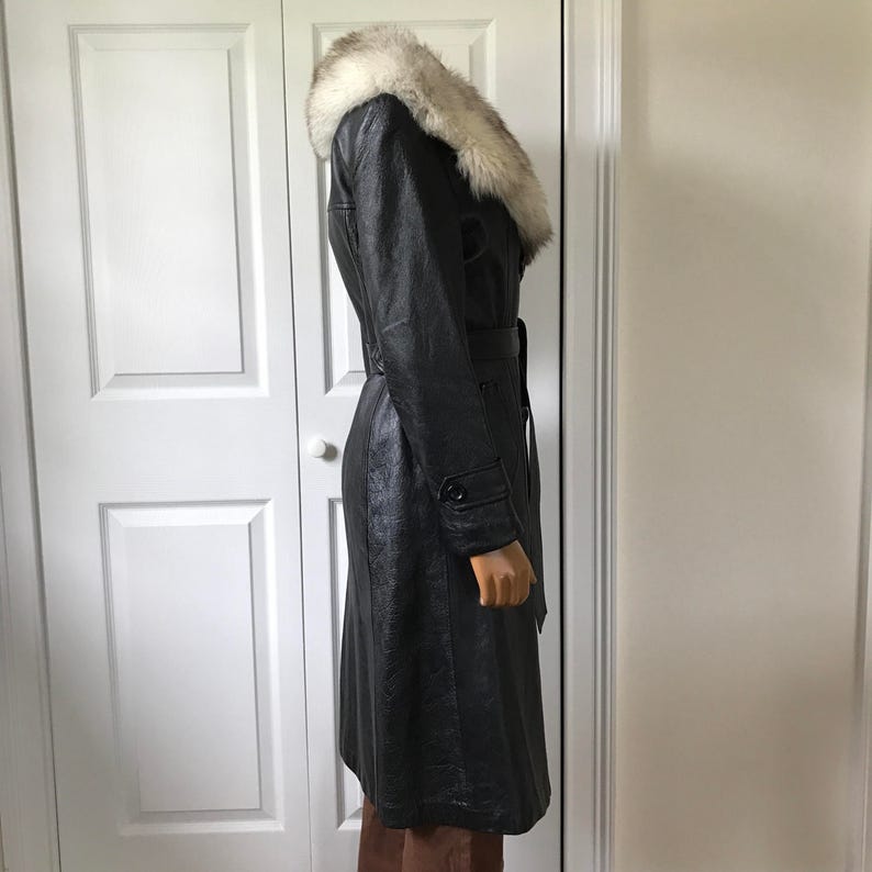 1970s Leather and Fur Coat Jacket Pea Coat Double Breasted Black Supple Leather