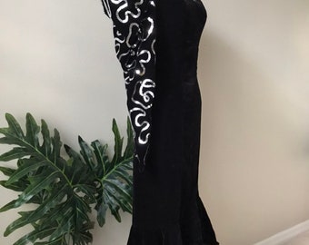 1980s Velvet Dress: Avant Garde Ruffled Hem, Silver Sequin Sleeves