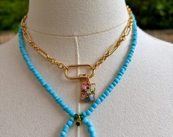 Blue and Gold Sideline Necklace Set Multi Colored Stone Filigree Pendant Gift for Her