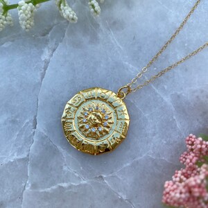 Gold Medallion Necklace Astrology Calendar Sun Celestial Universe Gift