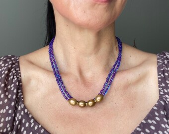 Royal Blue Beaded Necklace, Purple Necklace, Double Strand, Summer Necklace