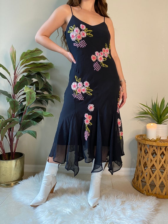 Sue Wong Silk Bias Cut Dress Midi Beaded Sequined