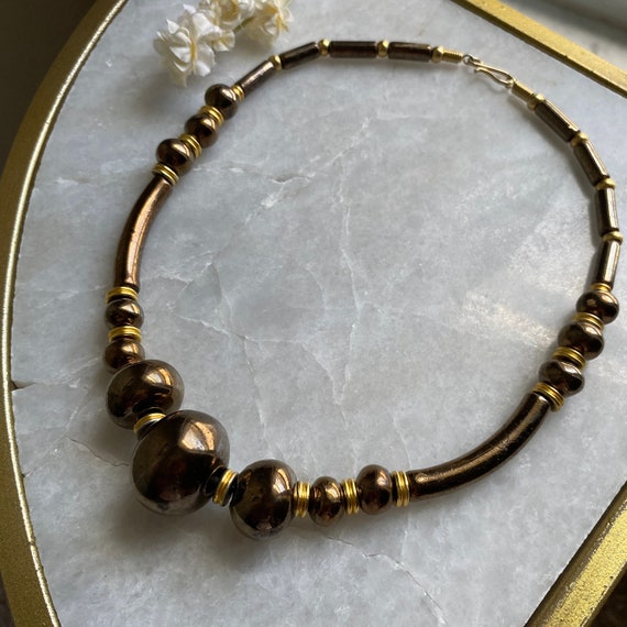 Bronze Beads Necklace, 70s Beaded Necklace, Gradu… - image 5