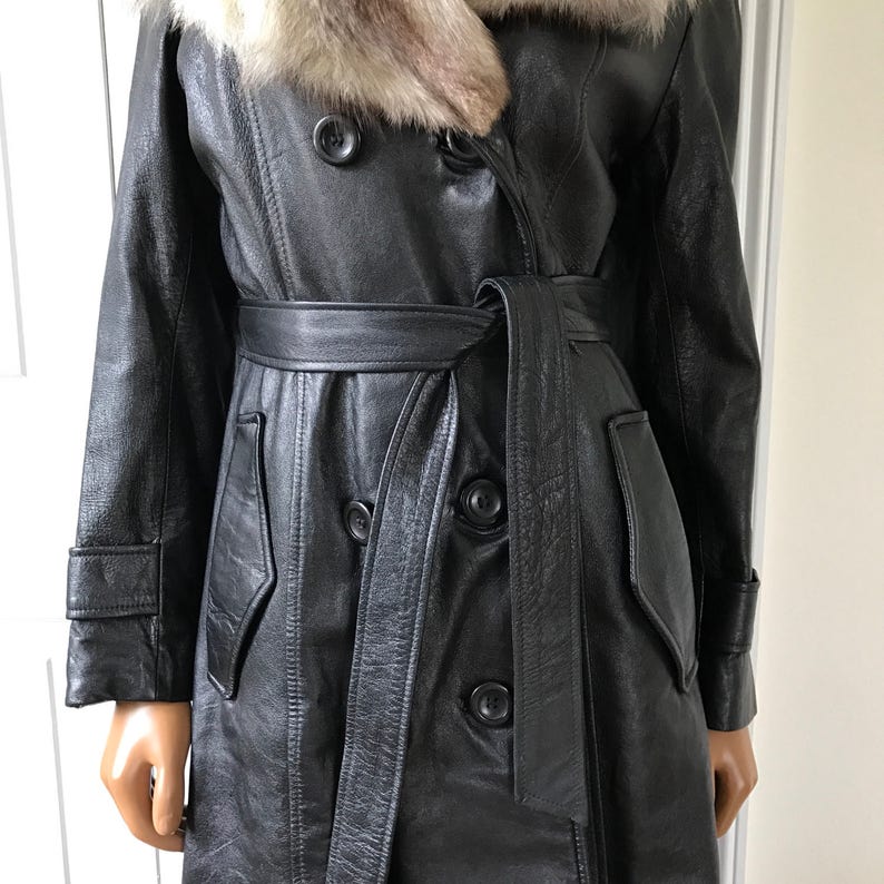 1970s Leather and Fur Coat Jacket Pea Coat Double Breasted Black Supple Leather