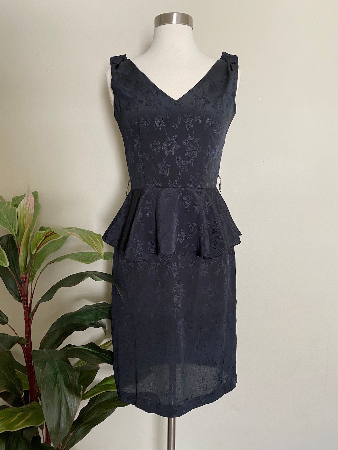 Vintage Black 1980s Peplum Dress L