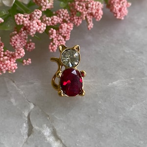 May include: Gold-tone cat brooch with a red rhinestone and a clear rhinestone for the head.