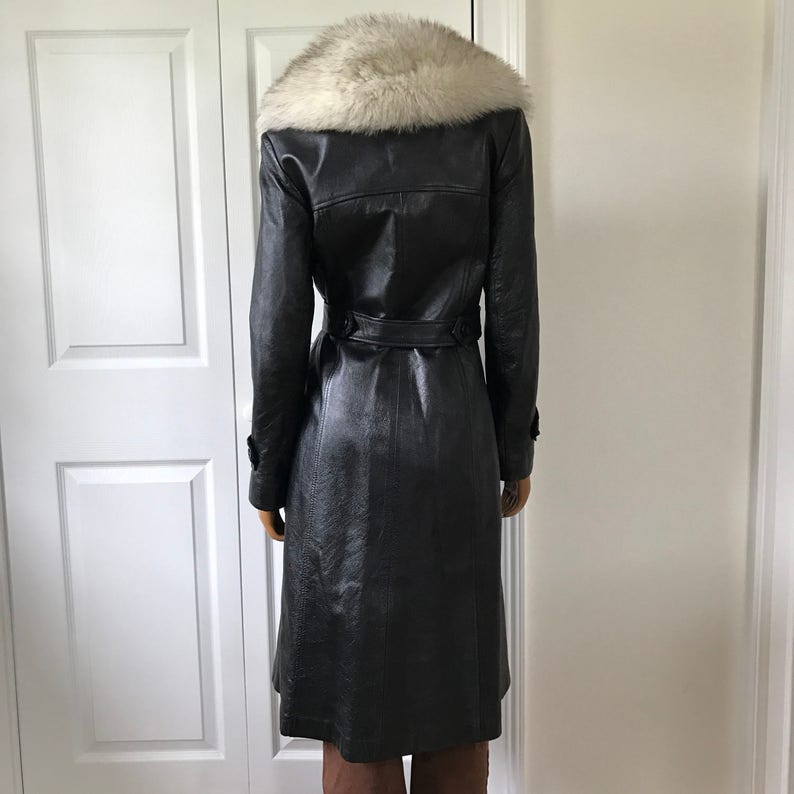 1970s Leather and Fur Coat Jacket Pea Coat Double Breasted Black Supple Leather
