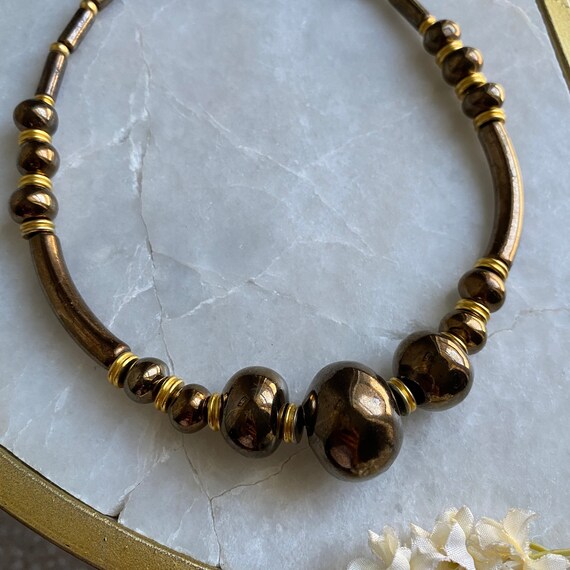 Bronze Beads Necklace, 70s Beaded Necklace, Gradu… - image 2